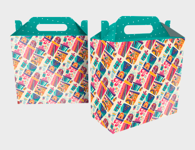 PRE003 - Caixa de Presente Pequena com Alça Modelo Presente Couchê 300g Verniz Total Frente 18,9x9x18cm - 4x0 - 25 unid